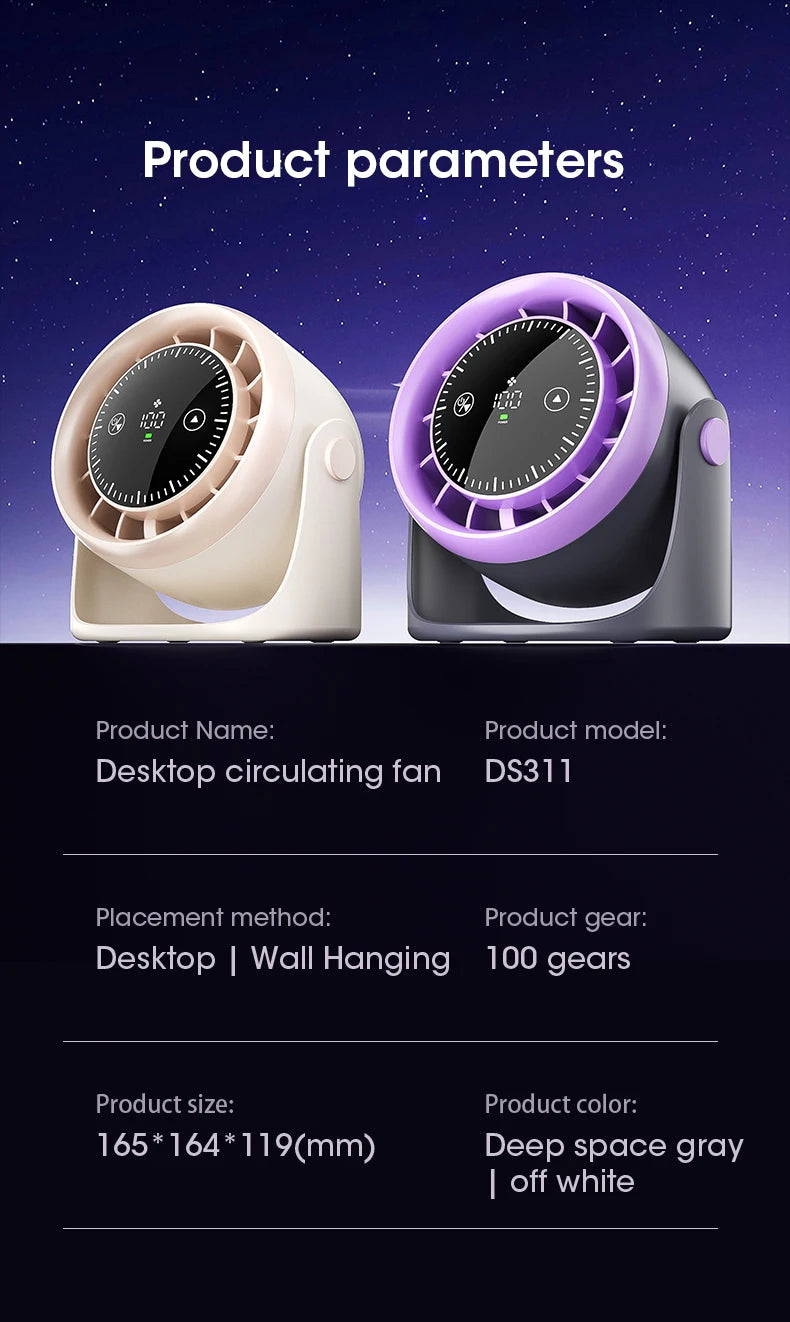 Portable Mini Touch Screen Desk Fan with 100-Speed ​​Adjustable Quiet Cooling Strong Wind and Digital Display for Air Circulation