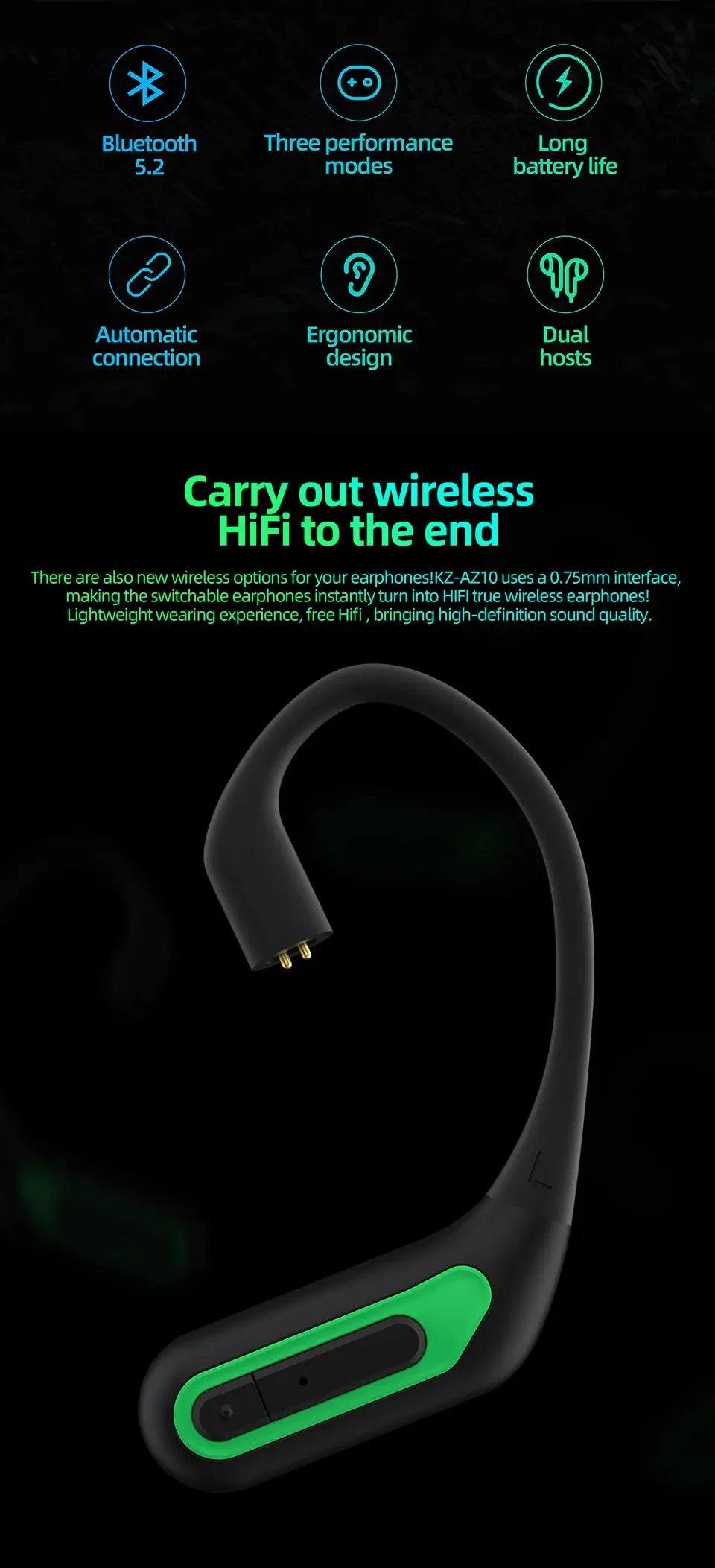 KZ AZ10 Bluetooth 5.2 Wireless Ear Hook Hifi Earphones Upgrade Cable Headset Sport Game Headphone Line For KZ ZS10 PRO ZSX ZAS