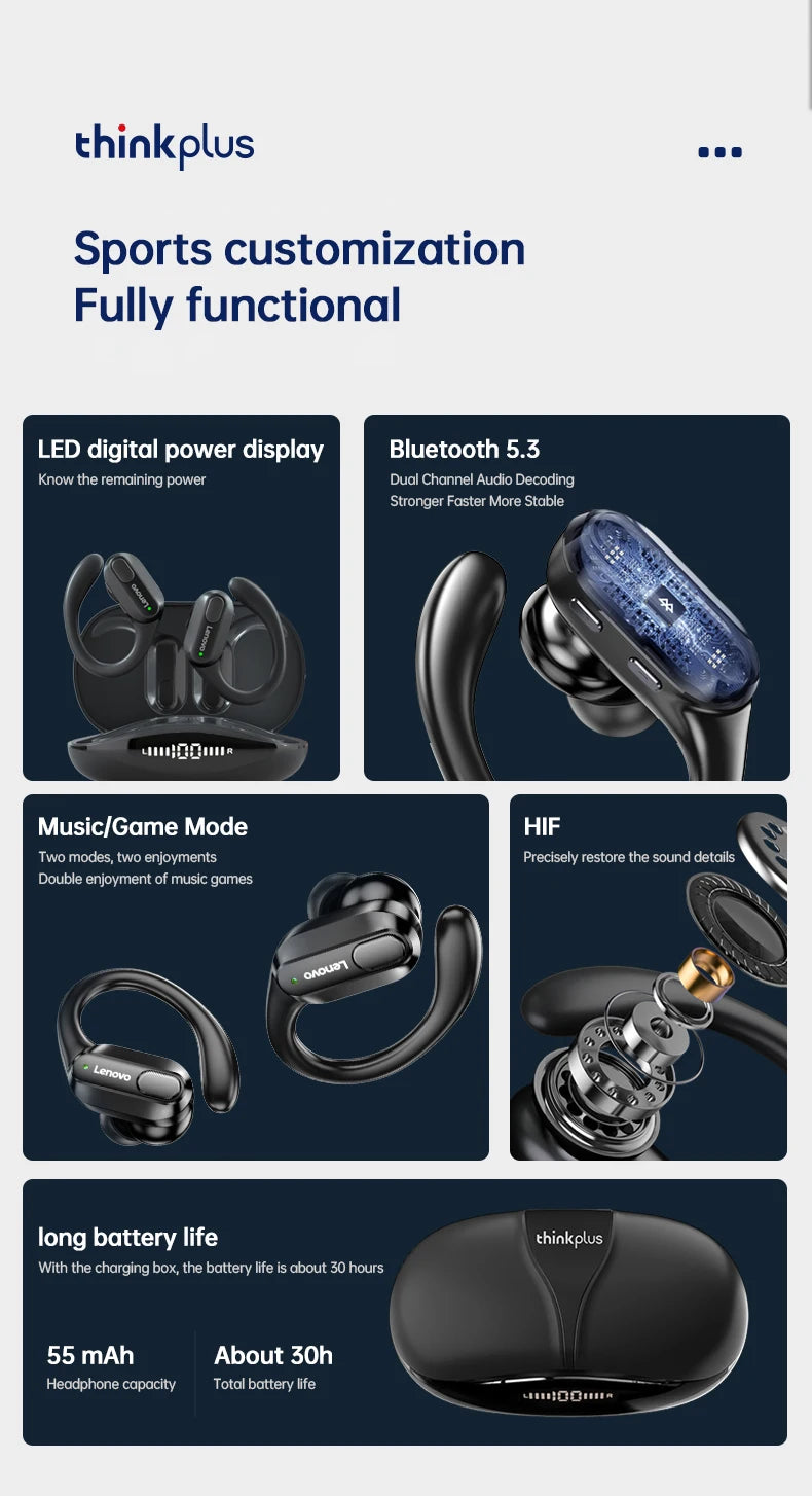 Original Lenovo XT80 Sports Wireless Earphones with Mics, LED Power Display, Hifi Stereo Sound Bluetooth 5.3 TWS HeadphHeadphones