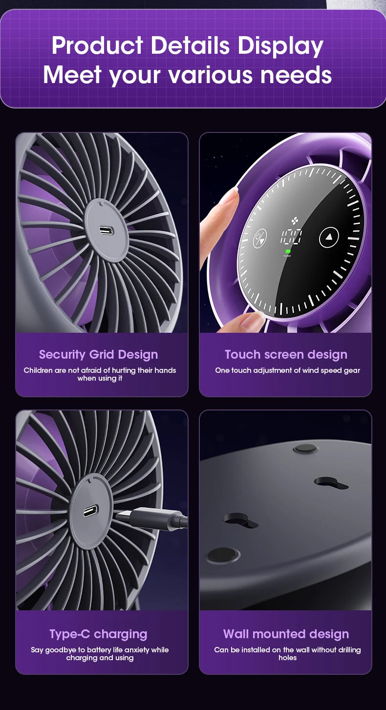 Portable Mini Touch Screen Desk Fan with 100-Speed ​​Adjustable Quiet Cooling Strong Wind and Digital Display for Air Circulation