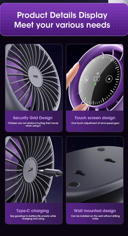 Portable Mini Touch Screen Desk Fan with 100-Speed ​​Adjustable Quiet Cooling Strong Wind and Digital Display for Air Circulation